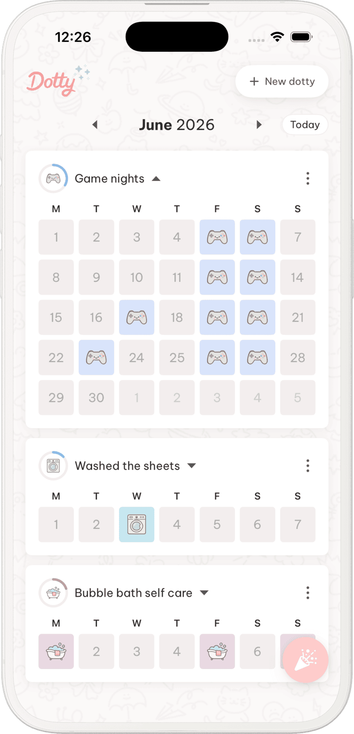 Dotty running on an iPhone, showing June 2026. The open Game nights card is a month calendar where ten days — mostly Fridays and Saturdays — have a game controller sticker in place of the date number. Below it are two collapsed cards, Washed the sheets and Bubble bath self care, each showing a single week.