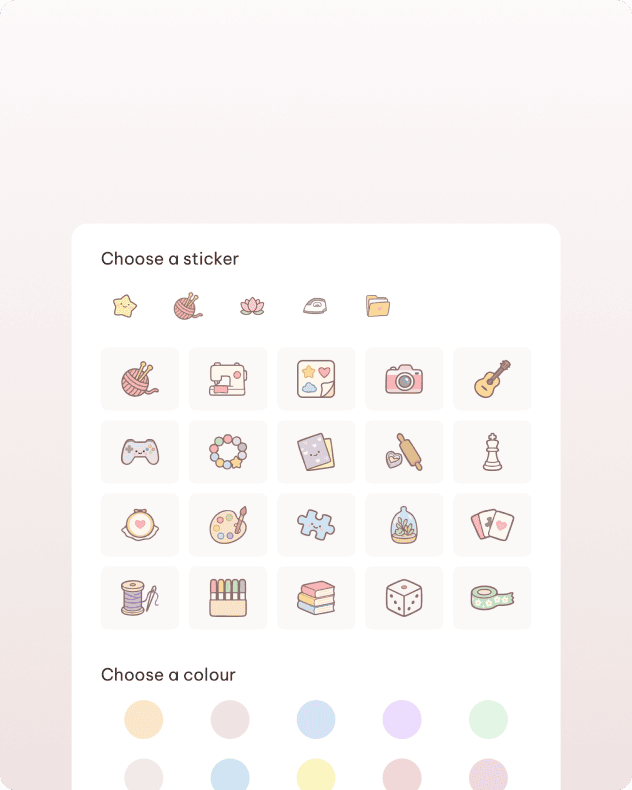 The sticker picker, showing a grid of hobby stickers above a row of pastel colour swatches.