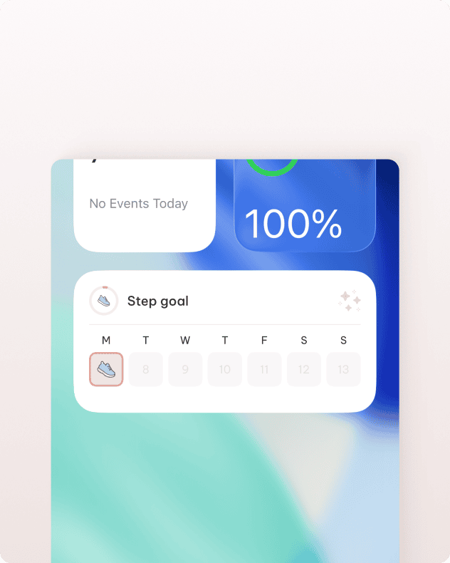 An iPhone home screen with a Dotty widget showing the Step goal card and its week.